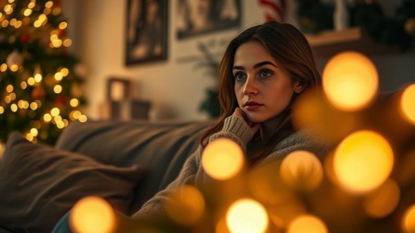 Pensive young woman reflecting during holidays, surrounded by festive decorations.