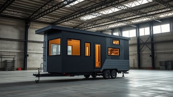 Modern tiny house on wheels inside warehouse.