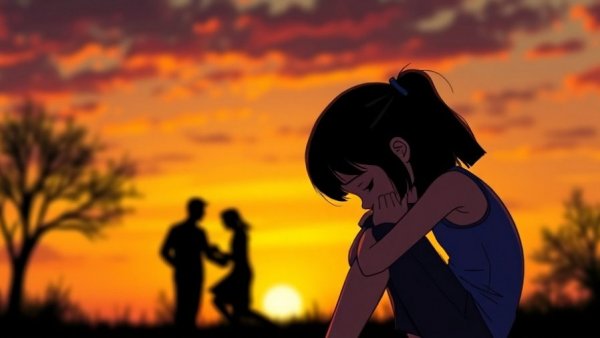 Grieving parents you never had, sad girl alone in colorful silhouette.