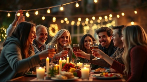 Joyful holiday moment with group toasting under lights.