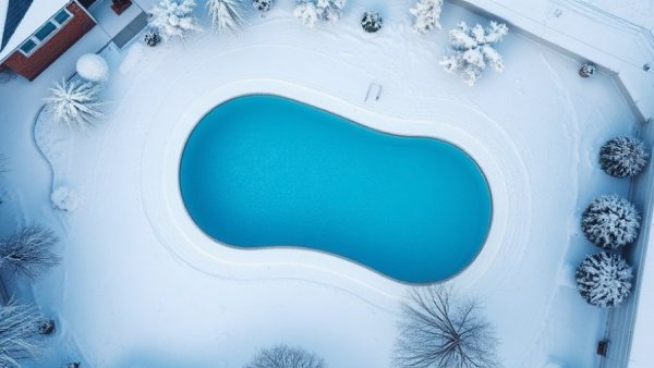 Aerial view of a snowy yard with a pool, highlighting winter water hazards for kids.