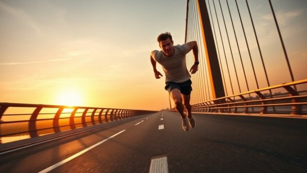 Athlete running on bridge at sunrise, emphasizing focus.