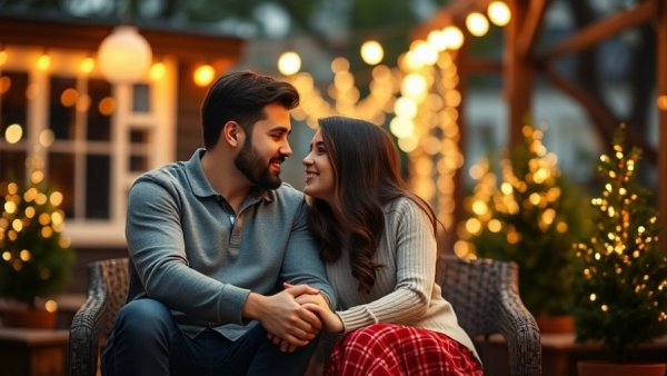 Cozy couple during New Year’s relationship check-in on a festive patio.