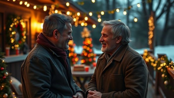 New Year’s relationship check-in: two men talking outdoors with festive decor.