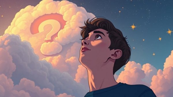 Young man contemplating under a cloud question mark, symbolizing finding peace in uncertainty.