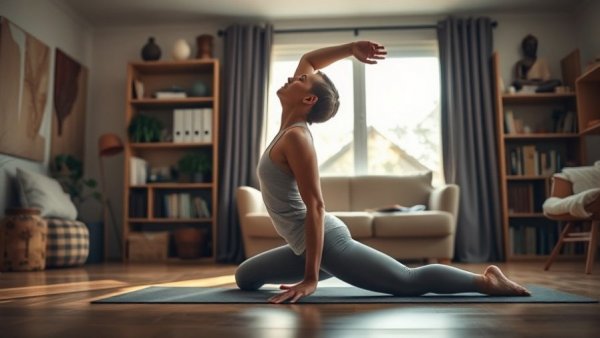 Person doing yoga in living room with calming ambiance.