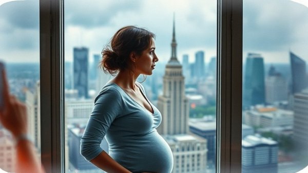 Pregnant woman finding peace during stormy weather, symbolizes calm amidst military challenges.