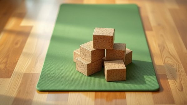 Yoga blocks and mat on wooden floor represent meaning of yoga and personal growth.