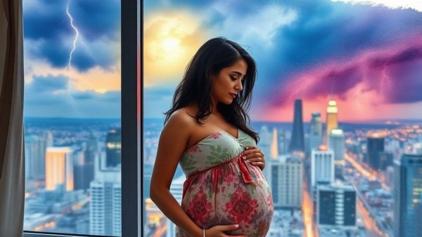 Pregnant woman embracing emotional wellness, gazing at storm.