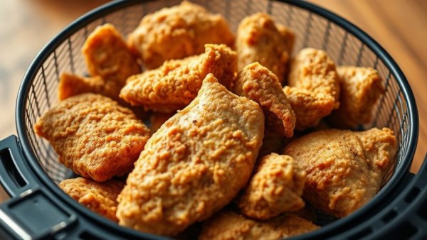 Crispy chicken in air fryer basket on wooden table.