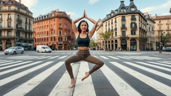 Yoga practice in city street scene for Lessons from Opening a Yoga Studio.