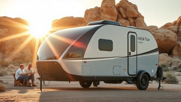 Family camping with Pebble Flow electric trailer in rocky desert.