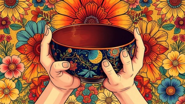 Intricate bowl with golden cracks held by hands, symbolizing beauty.