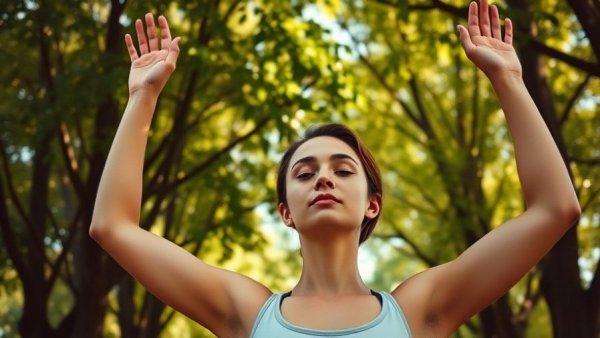 Woman practicing posture-improving yoga outdoors, surrounded by greenery.