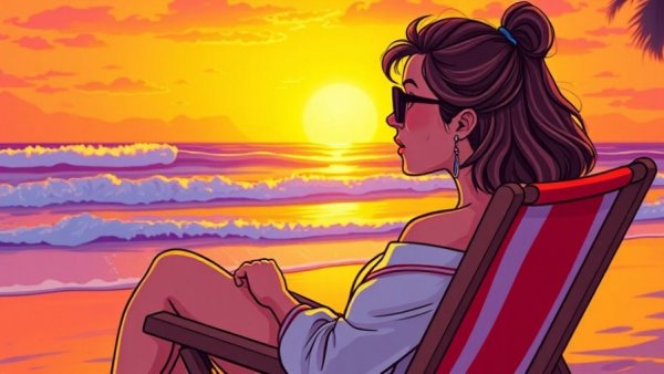 Serene beach sunset scene with a pensive woman reflecting on vacation.