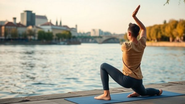 Person in Upavistha Konasana by riverside demonstrating benefits