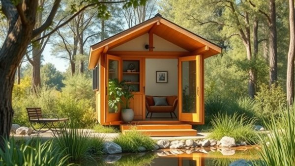 Modern eco-friendly tiny home with open doors and natural backdrop.