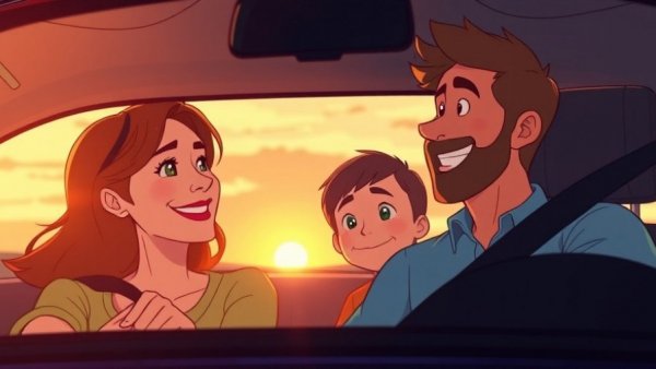 Emotional wellness moment for military families in a car at sunset.