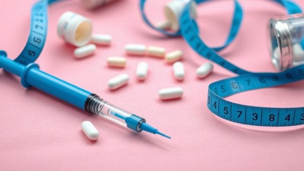 Wegovy pill and injector pen with measuring tape on pink background.