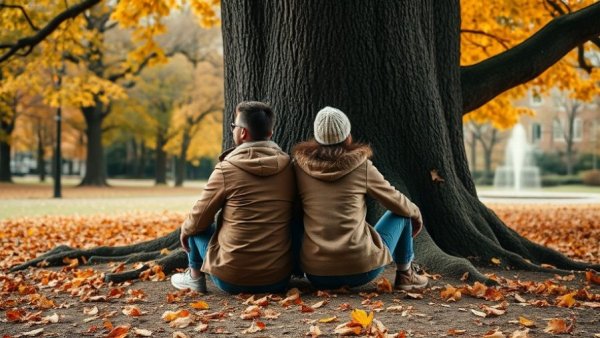Distant individuals back-to-back under tree in autumn park, predict divorce.