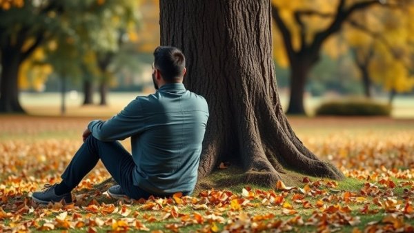 Two people sitting back-to-back against a tree in an autumn park, reflecting predict divorce signs.