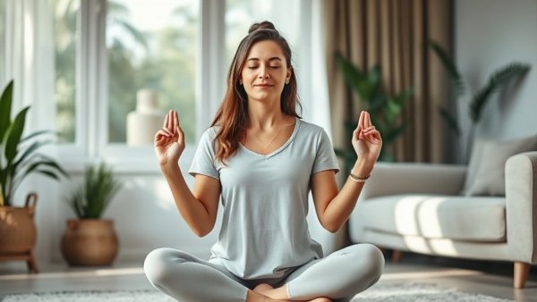 Serene woman meditating with yoga mudras in a cozy living room.
