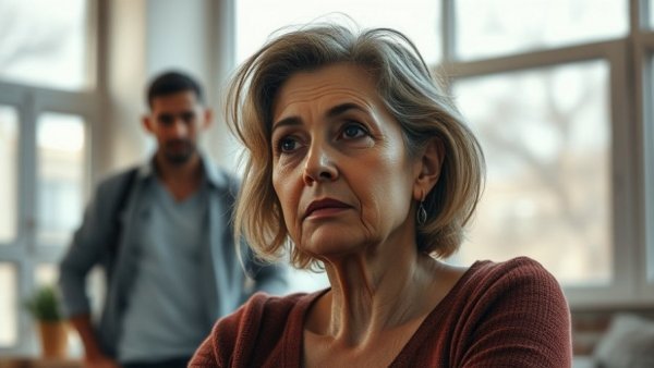 Middle-aged woman contemplating relationship, gray divorce concept.