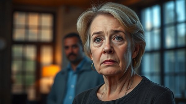 Gray Divorce Impact on Marriages: Thoughtful woman with man in background.