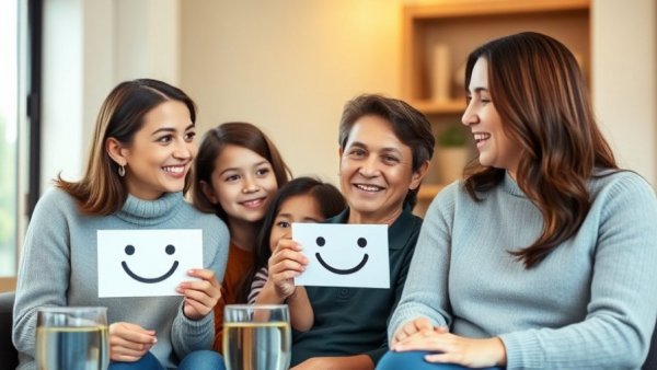 Friendly family in counseling session with a therapist showing a smiley face.