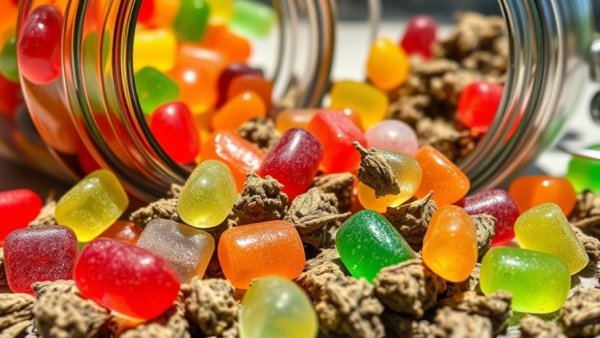 Hemp products in jar and gummies for natural anxiety relief.