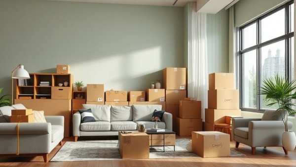 Packed furniture in living room - PCS tips for military families.