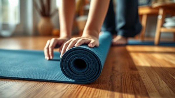 Person rolling out a yoga mat on wooden floor; Akarna Dhanurasana benefits.