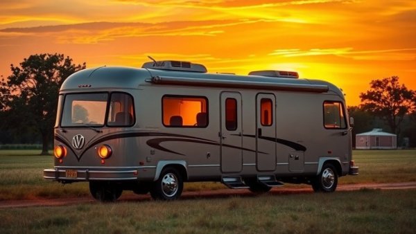 Converted skoolie parked in open field at sunset.