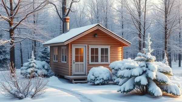 Tiny home discussions in a serene snowy landscape.