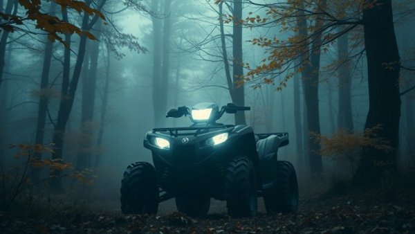 ATV with glowing headlights in foggy forest, safely introduce your kids to motorsports.