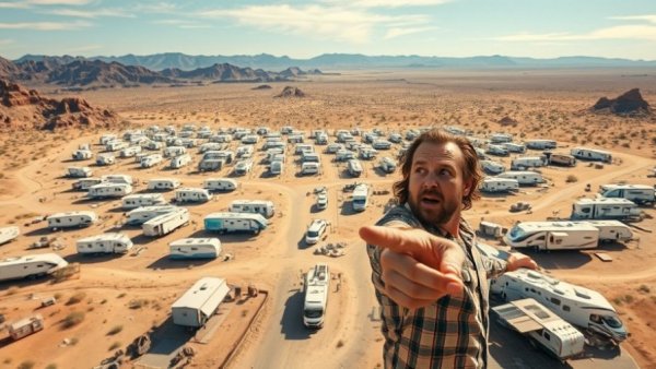 Arizona RV camp with hundreds of vehicles and mountains