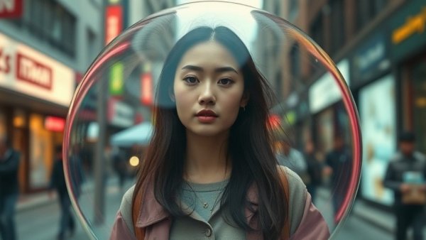 Young woman in a protective bubble walks through a busy city street.