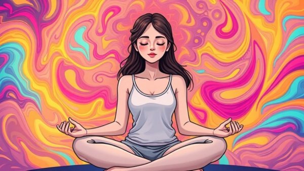 Serene woman meditating, vibrant swirls, emotional wellness.