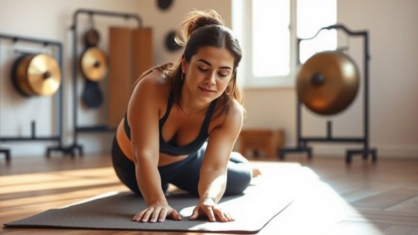Grounding yoga practice in sunlit studio with woman twisting pose.