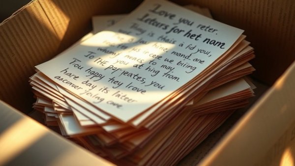 Stack of heartfelt handwritten love letters for military spouses in a box.