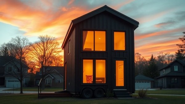 Mysa 200 Park Model Tiny House at sunset with glowing warm interior.