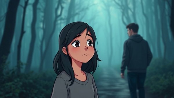 Contemplative woman watching man walk away, misty forest scene.