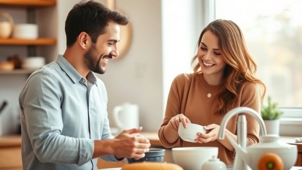 Couple washing dishes together, rekindle romance in relationships, modern kitchen.