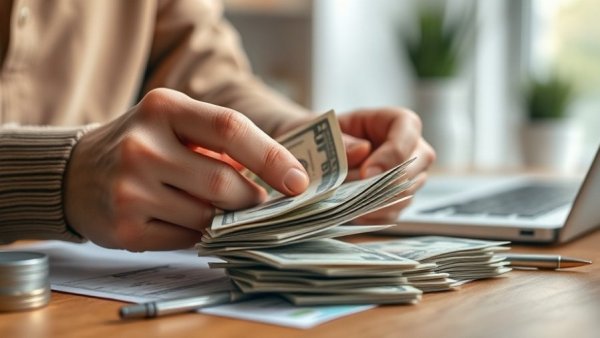Person setting financial goals, counting money at desk.