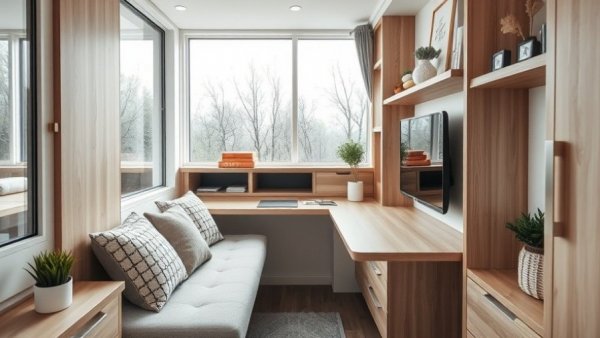 Efficient tiny home storage solutions with fold-out desk and screen.