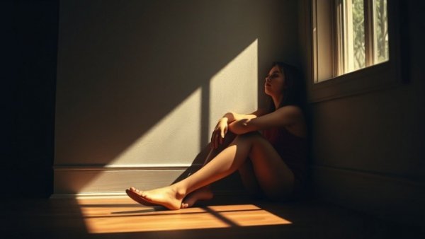 Contemplative young woman alone in dim room, sunlight streaming through window.