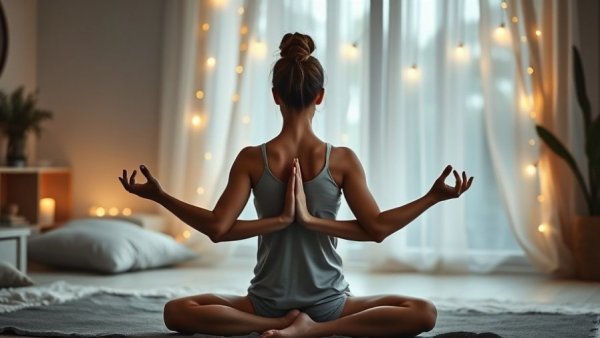 YouTube Yoga for Insomnia: woman in Child's Pose on a bed with soft lights.