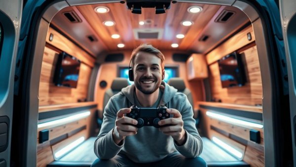 Before and after van gaming setup transformation.