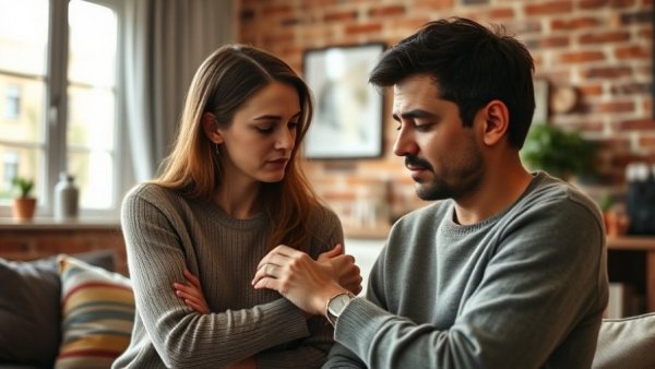 Couple in marriage counseling, woman comforting partner on sofa.