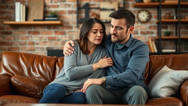 Managing Anxiety in Relationships: a couple sharing a thoughtful moment on a sofa.